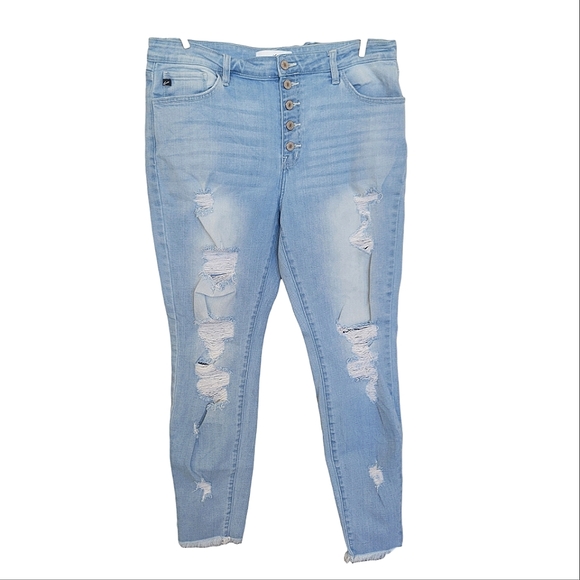 KanCan Denim - KANCAN LA High Waist Distressed Denim Light Wash Raw Hem Button Fly Skinny Jeans